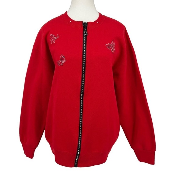 Vintage 90’s Cactus Sweatshirt Rhinestone Butterflies Full Zip Red Large - Picture 1 of 11